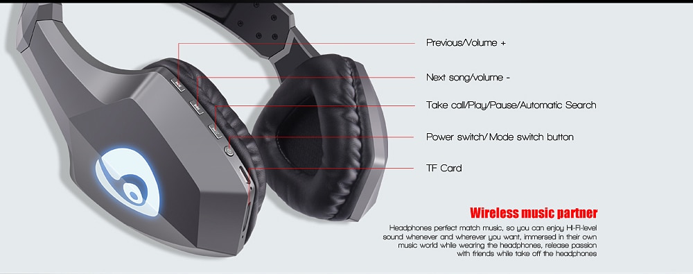 OVLENG S33 Over Ear Bass Stereo Bluetooth Headphone Wireless Headset Support Micro SD/TF Card FM Radio Microphone & LED